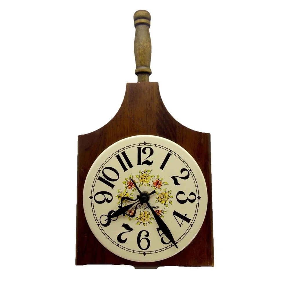 Vintage Seth Thomas MCM Retro 60s 70s Butcher Block Kitchen Wall Clock